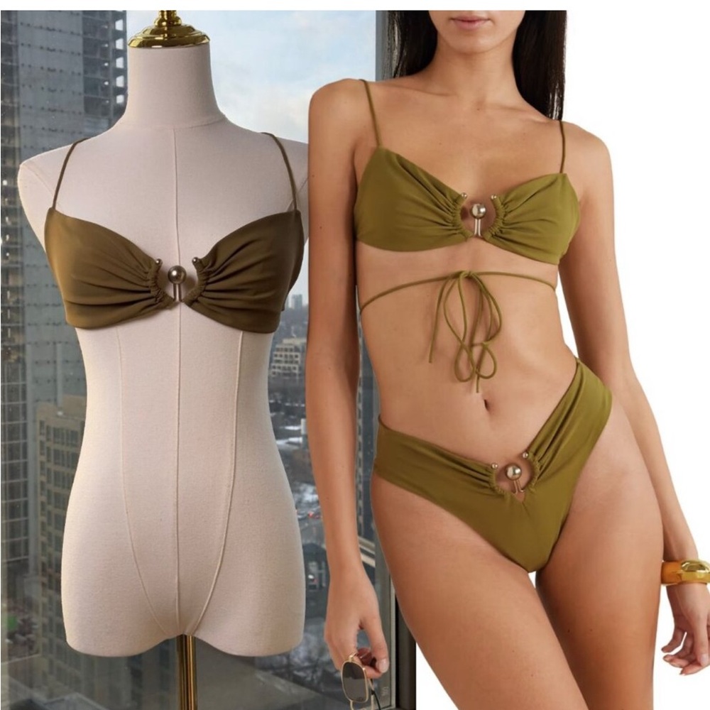 🆕 CHRISTOPHER ESBER 🧿 NWOT Orbit Embellished Ruched Bikini Top, Olive, Sz US 8